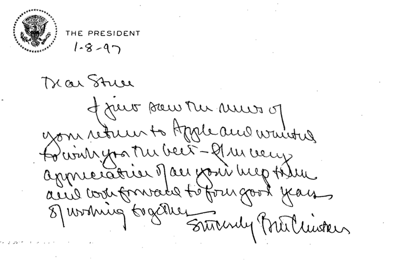 Handwritten letter from President Clinton to Steve Jobs congratulating him on his return to Apple after over a decade away from the company (Clinton Presidential Library)